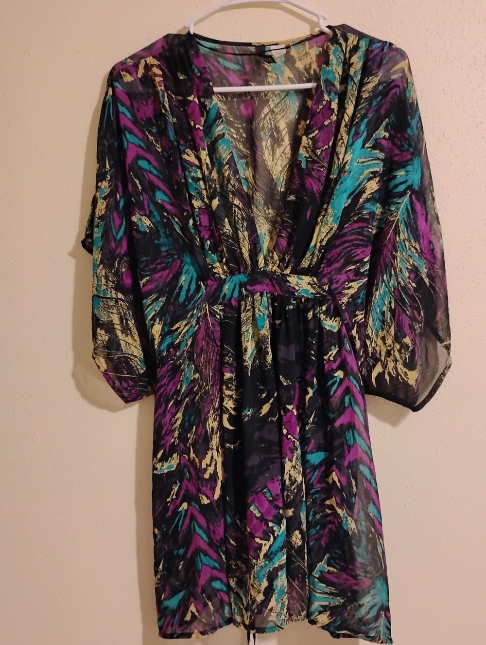 Dividend Blouse Sheer V-Neck Tie-Waist Dress in Teal & Purple Size 12